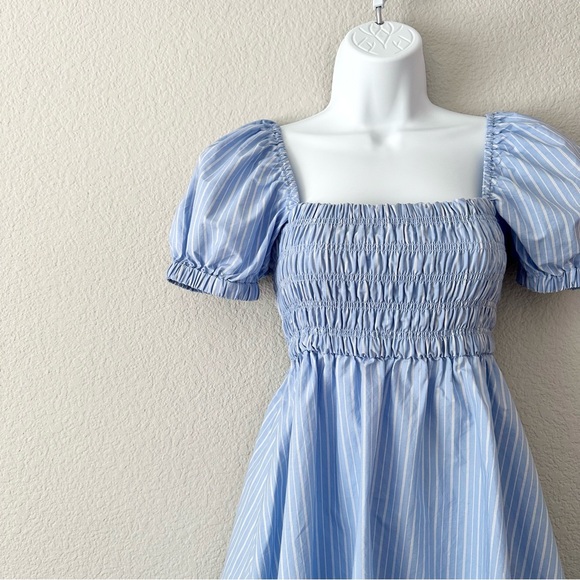 Blue Striped Puff Sleeve Mini Dress - Picture 2 of 6